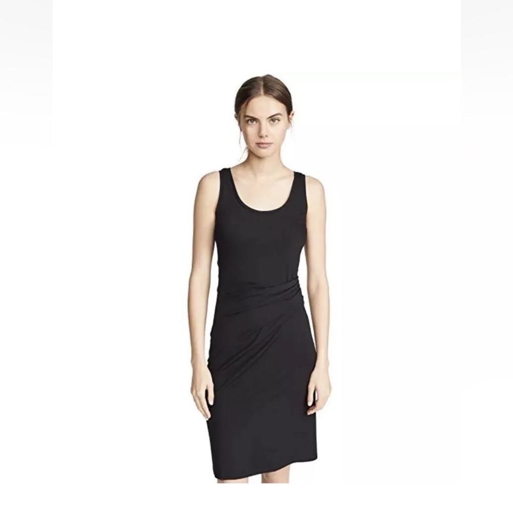 Theory Black Ruched Round Neck Dress Sleeveless Pima Cotton/Modal‎ Blend, Large